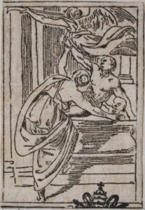 La Pittura visita Agostino sulla tomba e l'affida alla Fama  (da I funerali d'Agostino Carracci fatto in Bologna sua patria da gl'incamminati Accademici, Bologna, Benacci, 1603)